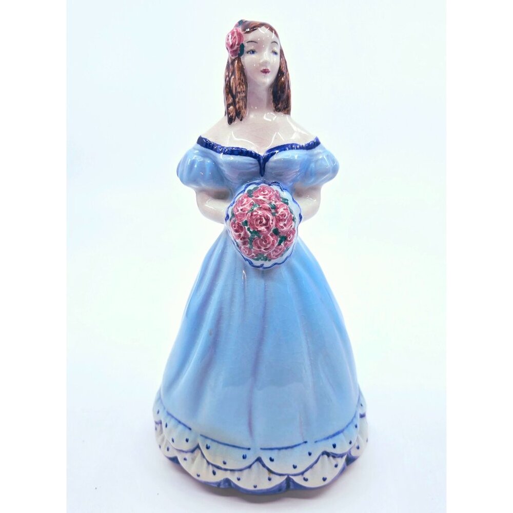 Goldscheider Lady Rose W/ Blue Dress & Pink Bouquet Victorian Figurine Music Box